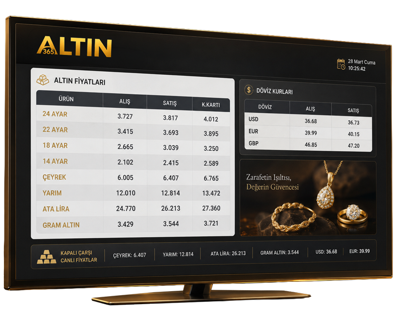 Altın365 dijital kuyumcu pano ve anlık altın fiyat ekranı